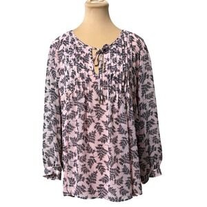 Tommy Hilfiger Blouse XL Pink Fern Print Pleated Tie Neck Boho Cottagecore Top